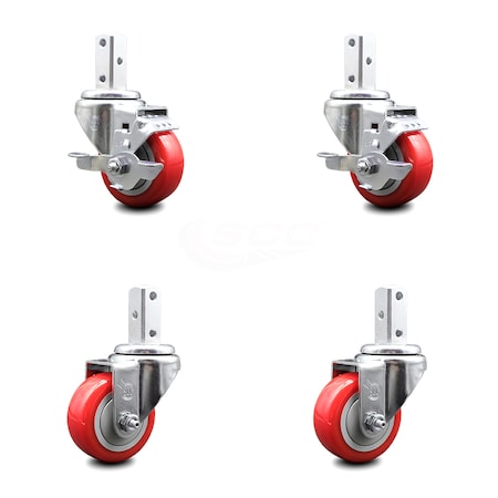 Service Caster 3.5 Inch Red Polyurethane Wheel Swivel 7/8 Inch Square Stem Caster Brake, 2PK SCC-SQ20S3514-PPUB-RED-TLB-78-2-S-2